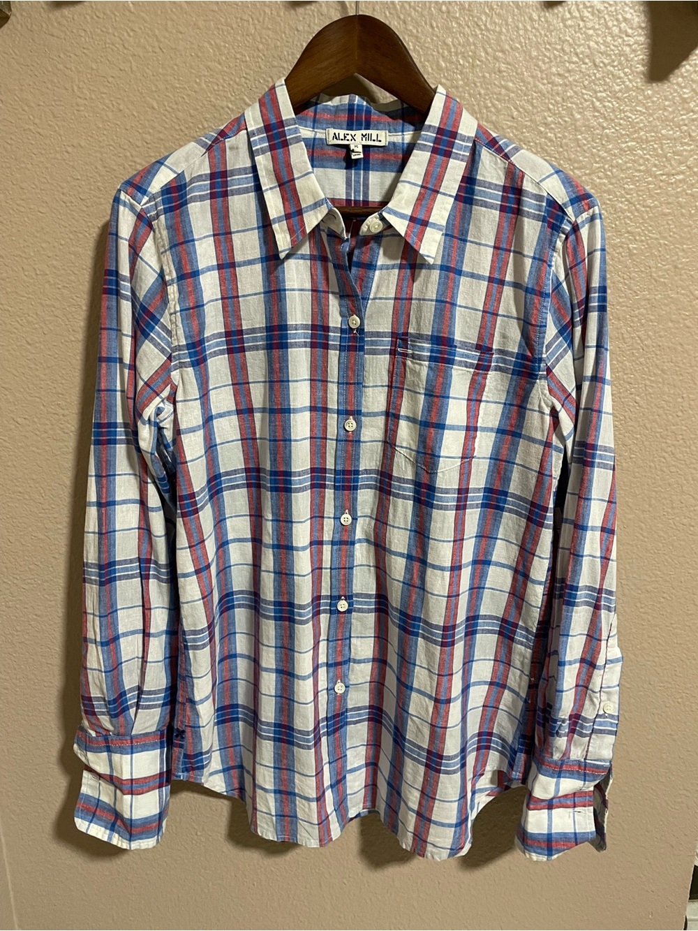 Alex Mill White Plaid Button-Down Shirt with Blue & Red Checks
